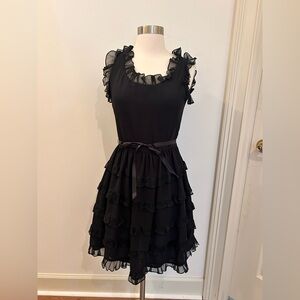 Bill Blass Collection III Black Tired Ruffle Mini Dress with Ribbon Belt